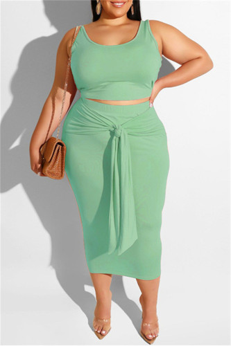 Light Green Sexy Casual Solid Bandage O Neck Plus Size Two Pieces