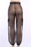 Черные сексуальные повседневные однотонные лоскутные прозрачные брюки со стандартной высокой талией