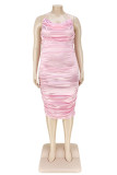 Pink Fashion Sexy Solid Backless Fold Halter Sling Dress Vestidos de talla grande