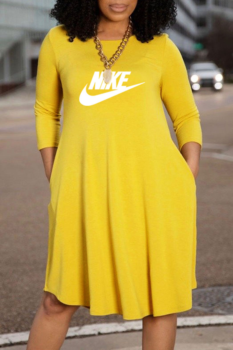 

Yellow Fashion Casual Print Letter O Neck A Line Dresses