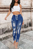 Deep Blue Mode Casual Solid Ripped High Waist Skinny Denim Jeans