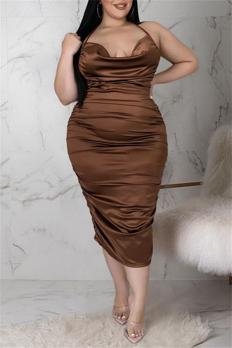 

Coffee Fashion Sexy Solid Backless Fold Halter Sling Dress Plus Size Dresses