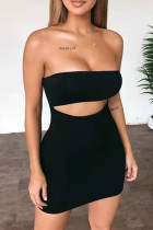 Zwarte mode sexy effen uitgeholde backless strapless mouwloze jurk