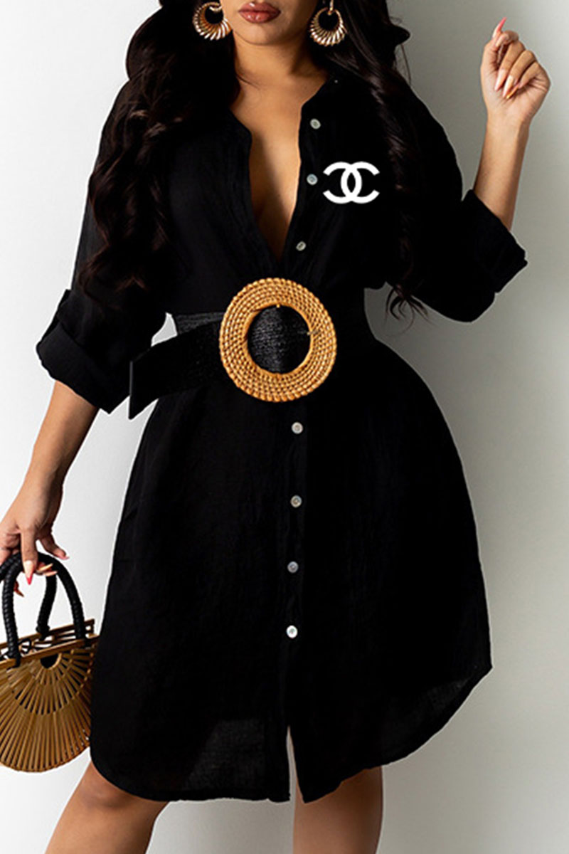 

Black Fashion Casual Solid Letter Without Belt Turndown Collar Shirt Dress Dresses