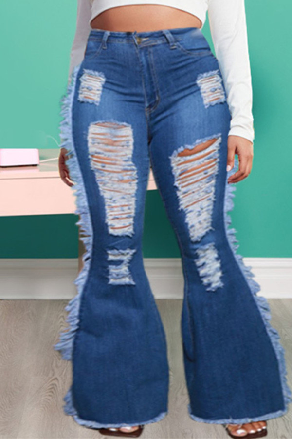 ディープブルーファッションカジュアルソリッドリップドプラスサイズジーンズ