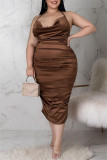 Pink Fashion Sexy Solid Backless Fold Halter Sling Dress Plus Size Dresses
