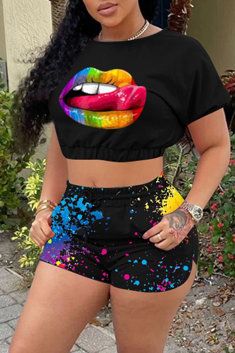 

Black Fashion Casual Lips Printed Basic O Neck Short Sleeve Two Pieces