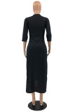 Zwarte mode casual print spleet O-hals onregelmatige jurk