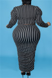 Black Fashion Casual Striped Print Fold O Neck Plus Size Two Pieces