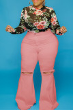 Roze mode casual effen gescheurde grote maat jeans