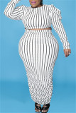 White Fashion Casual Striped Print Fold O Neck Plus Size Two Pieces
