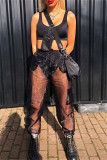 Black Sexy Casual Solid Patchwork See-through Regular High Waist Trousers