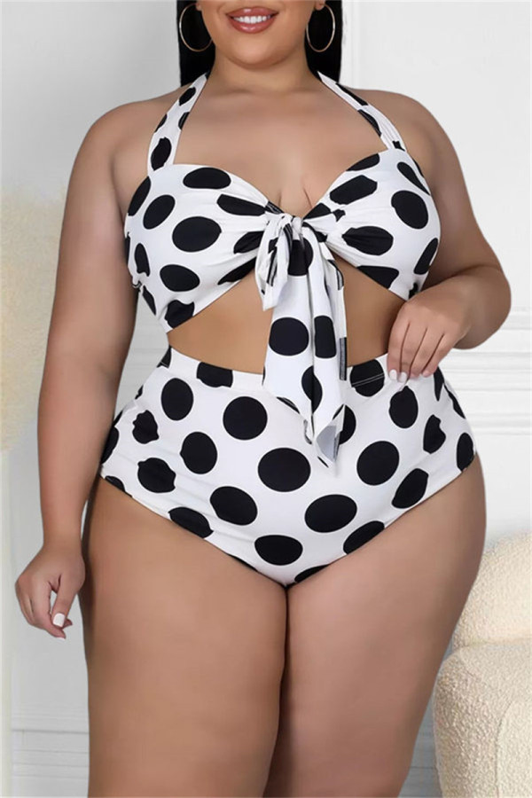 Белая мода Sexy Dot Print Bandage Backless Halter Plus Size Swimwear