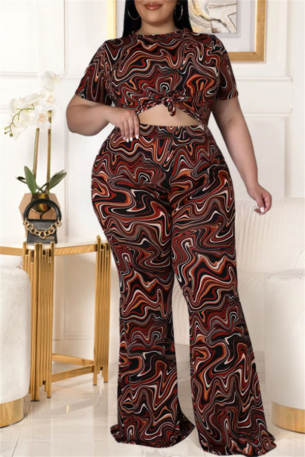Koffie Mode Casual Print Basic O-hals Plus Size Two Pieces