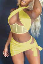 Yellow Sexy Solid Bandage Hollowed Out Patchwork Backless Halter Sleeveless Two Pieces