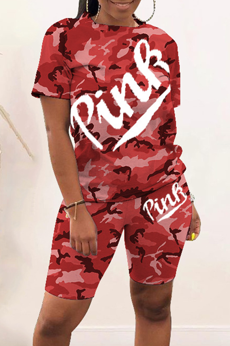 

Red Fashion Casual Letter Camouflage Print Basic O Neck Short Sleeve Two Pieces