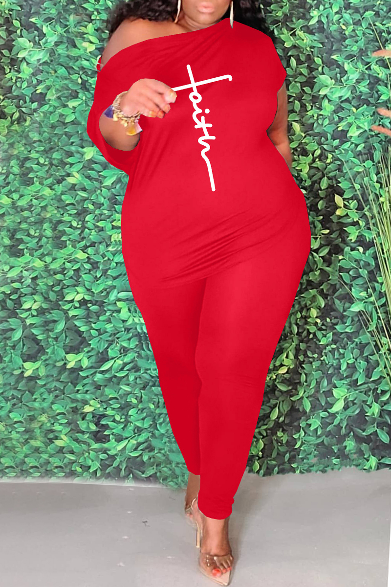 

Red Fashion Casual Print Basic Oblique Collar Plus Size Two Pieces