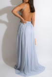 Светло-голубое модное сексуальное однотонное длинное платье на тонких бретелях с открытой спиной