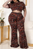 Koffie Mode Casual Print Basic O-hals Plus Size Two Pieces