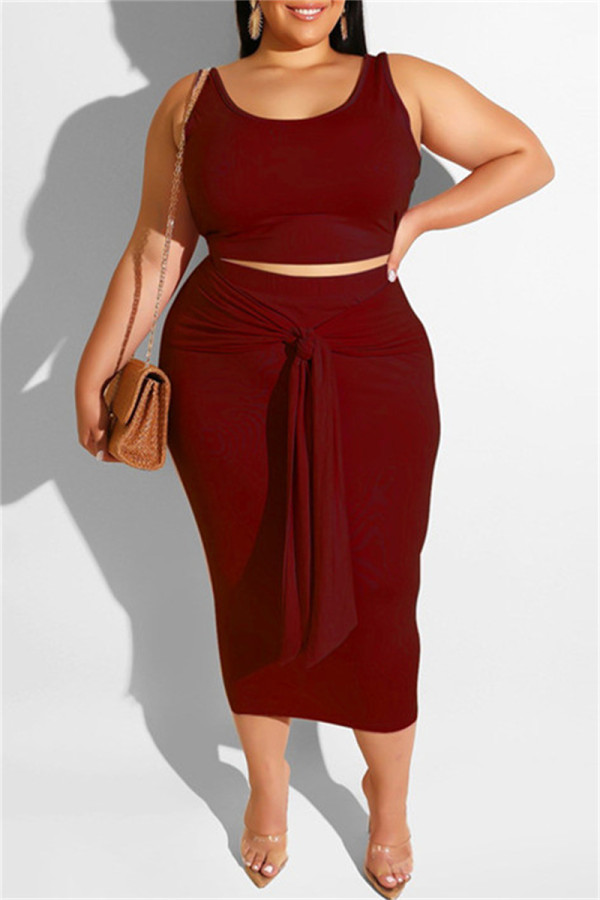 Burgund Sexy Casual Solid Bandage O Neck Plus Size Two Pieces
