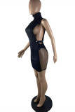 Черное модное сексуальное однотонное прозрачное платье без рукавов с водолазкой в ​​стиле пэчворк