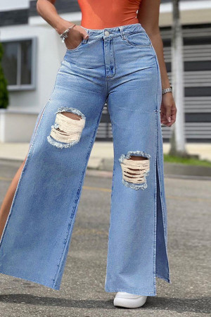 Medium Blue Fashion Casual Solid Thigh Split High Waist Regular Wide Leg Ripped Denim Jeans