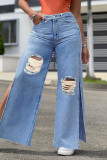 Jeans jeans moda casual azul escuro com fenda rasgada e cintura alta regular