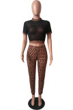 Brown Sexy Casual Print Patchwork See-through Half A Turtleneck Short Sleeve Two Pieces