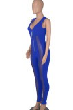 Colorful Blue Sexy Solid Patchwork See-through Zipper V Neck Regular Jumpsuits