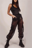 Pantalones de cintura alta regulares transparentes de patchwork sólido informal sexy negro