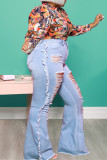 Deep Blue Mode Casual Solid Ripped Plus Size Jeans