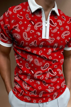 Tops de gola POLO com estampa casual vermelha fashion patchwork contraste