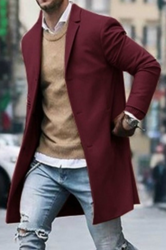 Бордовая модная повседневная верхняя одежда с твердым карманом и отложным воротником с пряжкой