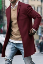 Burgundy Fashion Casual Solid Pocket Buckle Turn-back Collar Outerwear