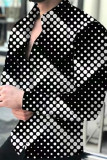 Black Gray Fashion Street Print Polka Dot Patchwork Buckle Turndown Collar Tops