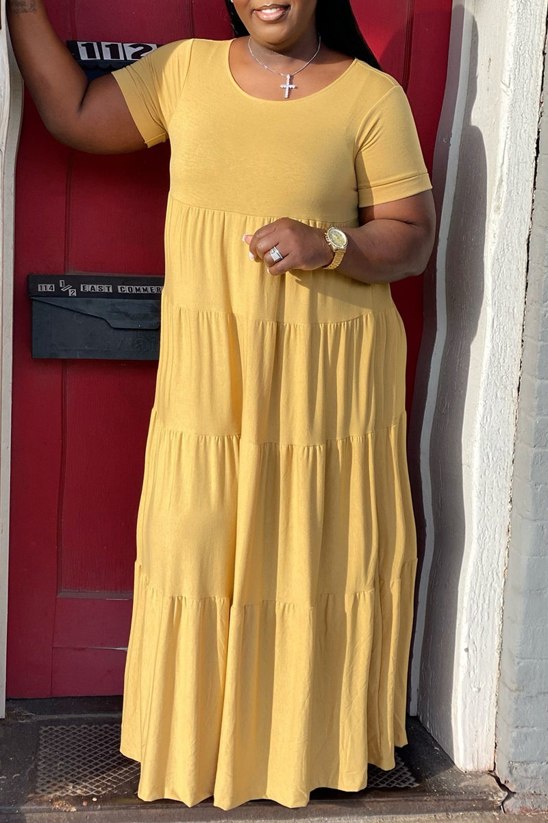 

Yellow Fashion Casual Plus Size Solid Basic O Neck Short Sleeve Dress