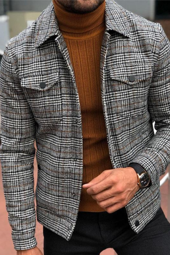 Grey Fashion Casual Plaid Pocket Buckle Turndown Collar Outerwear