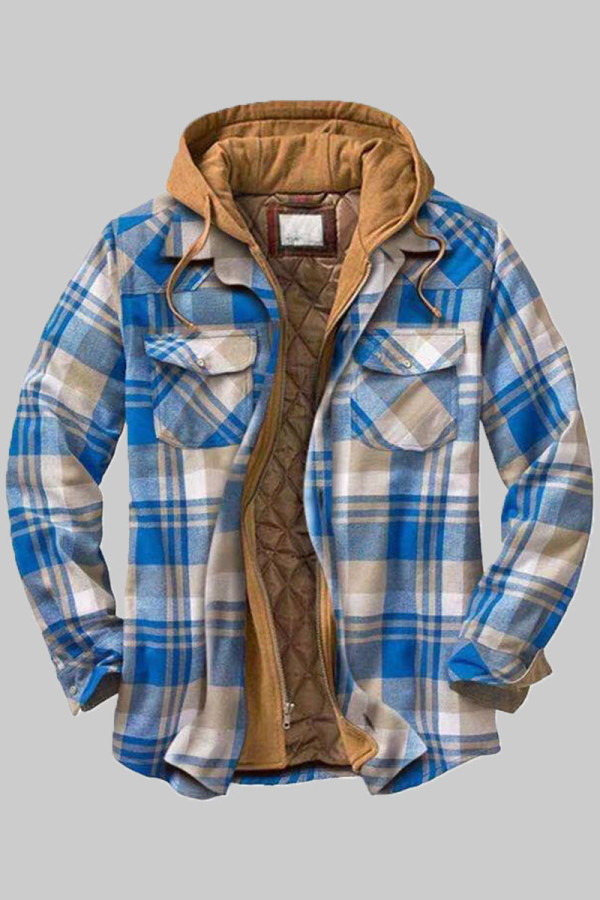 Sky Blue Fashion Casual Plaid Patchwork Hooded Collar Outerwear