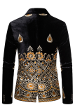 Black Fashion Embroidery Patchwork Buttons Turn-back Collar Outerwear