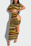 Желтый модный сексуальный принт с круглым вырезом и коротким рукавом из двух частей