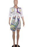 White Casual Patchwork Buckle Turndown Collar Short Sleeve Two Pieces
