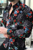 Red Fashion Print Patchwork Buckle Turndown Collar Tops