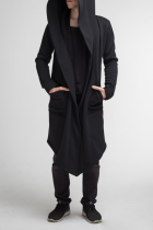 Zwarte mode casual effen patchwork zak met capuchon en kraag bovenkleding