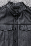 Black Street Solid Buckle Zipper Mandarin Collar Outerwear