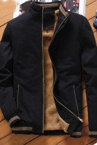 Black Casual Patchwork Zipper Mandarin Collar Outerwear