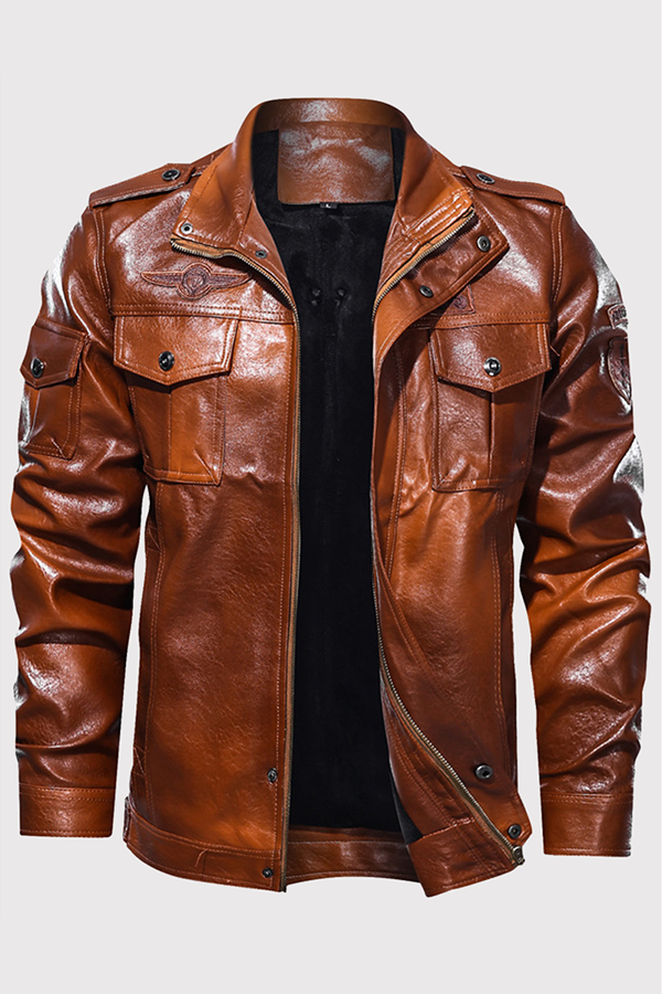 

Brown Fashion Street Solid Pocket Zipper Turndown Collar Outerwear
