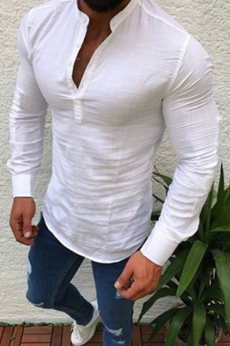 

White Casual Solid Split Joint Buttons Mandarin Collar Tops