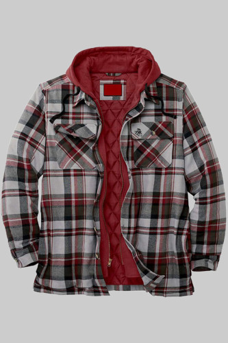 Red Fashion Casual Plaid Split Joint Hooded Collar Outerwear
