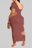 Оранжевое модное сексуальное однотонное платье с круглым вырезом и коротким рукавом