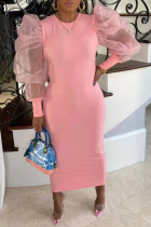 ピンクカジュアルソリッドメッシュOネックペンシルスカートドレス